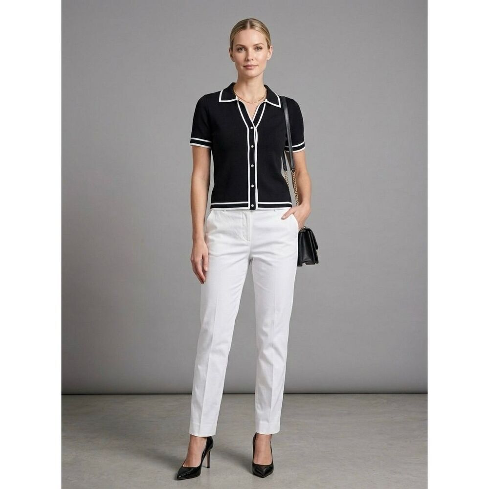 Bailey 44 Black & White Tipped Knit Polo Top Size L
